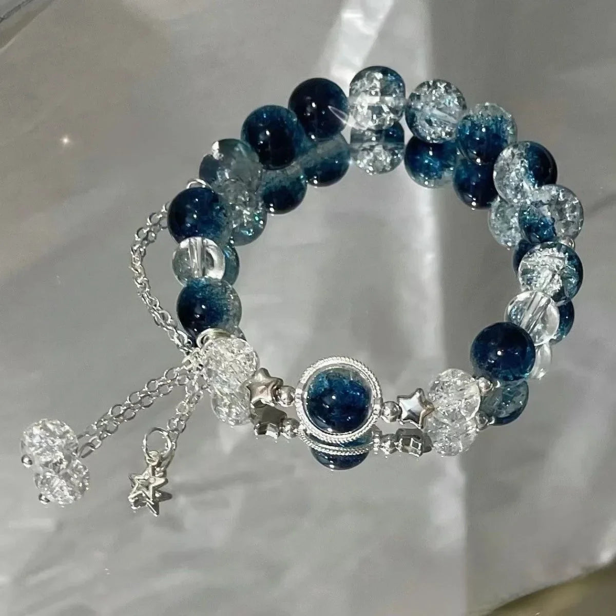 Niche Design Star Chain Tassel Bracelet – Fantasy Blue Crystal Beads Elastic Rope Bracelet for Women