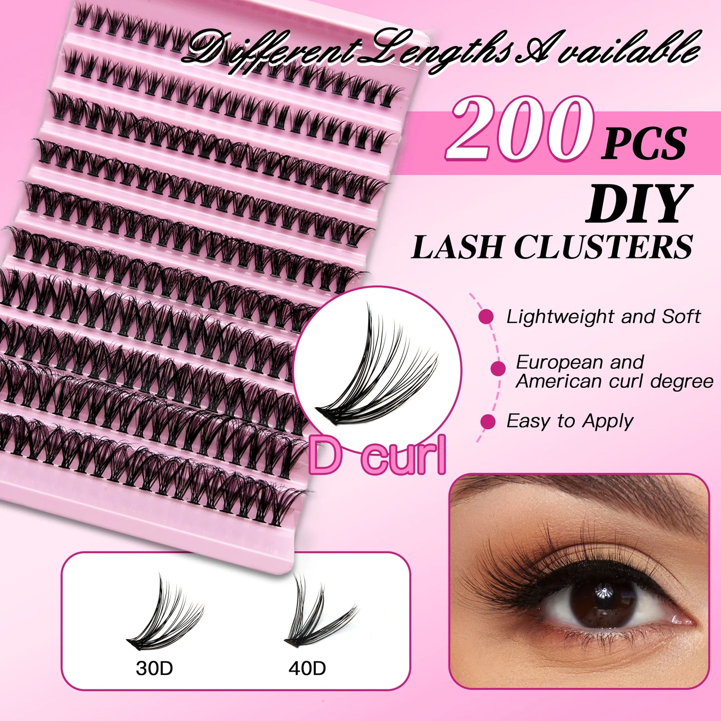 MAN’JE’SEN DIY Eyelash Extension Kit – 200PCS Lash Clusters with Lash Bond & Seal, Professional Makeup Tools for Gluing Lashes
