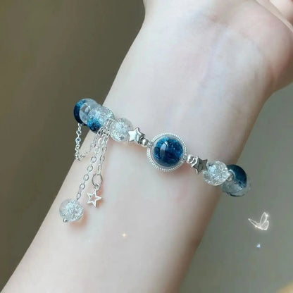 Niche Design Star Chain Tassel Bracelet – Fantasy Blue Crystal Beads Elastic Rope Bracelet for Women