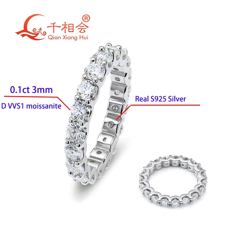 0.1ct 3mm D VVS Moissanite Full Eternity Band Ring – 925 Sterling Silver Engagement & Party Jewelry for Women