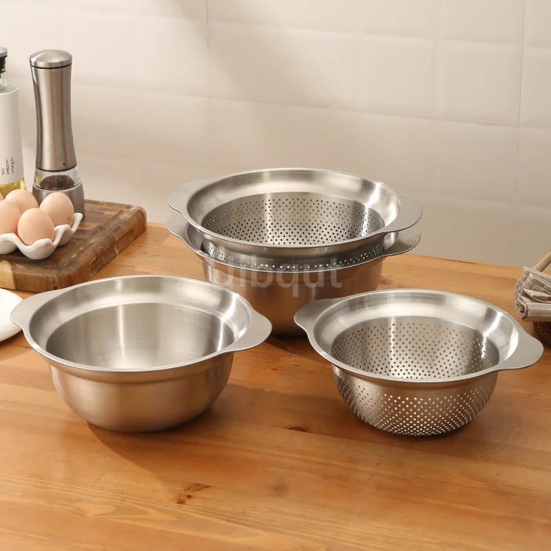 304 Stainless Steel Vegetable Washing Basin & Strainer – Multi-Purpose Rice Washer, Fruit Filter, Kitchen Drain Basket